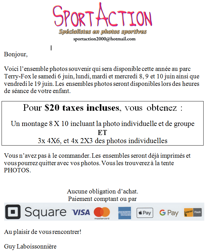 ENSEMBLES PHOTOS DISPONIBLES LES 6-8-9-10 & 19 JUIN AU PARC TERRY-FOX