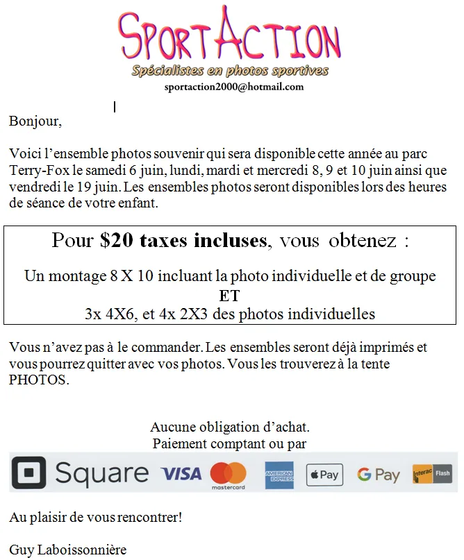 ENSEMBLES PHOTOS DISPONIBLES LES 6-8-9-10 & 19 JUIN AU PARC TERRY-FOX